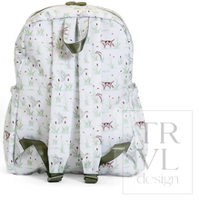 Load image into Gallery viewer, The Hunt MINI Backpack from TRVL Design is perfectly sized for little ones' first school days and adventures. The adorable hunting dog and mallard print captures a classic outdoor spirit that appeals to young explorers. Crafted from easily wipeable materials, this backpack withstands the wear and tear of daily use—spills, mud, and playground mishaps won't leave a lasting mark. Durable construction ensures it lasts all year through school, daycare, and weekend outings. An ideal companion for your little adve