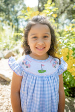Load image into Gallery viewer, Girls Golf Smocked Bishop Dress- Introduce her to the fairway in style with this charming dress from Shop Teeta. Featuring a delicate smocked bishop neckline adorned with pink golf-themed embroidery, this piece pairs timeless blue and white gingham with graceful flutter sleeves for an effortlessly polished look. 