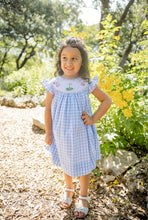 Load image into Gallery viewer, Girls Golf Smocked Bishop Dress- Introduce her to the fairway in style with this charming dress from Shop Teeta. Featuring a delicate smocked bishop neckline adorned with pink golf-themed embroidery, this piece pairs timeless blue and white gingham with graceful flutter sleeves for an effortlessly polished look. 