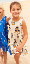 Load image into Gallery viewer, Inspire her inner fashionista with Pink Chicken's Girls Kelsey Dress in White Flowerette! The cream background and blue/gold floral print, along with the detailed ruffle sleeve, create a chic a-line silhouette that will make her stand out. Perfect for any occasion, she'll feel confident and stylish in this dress!