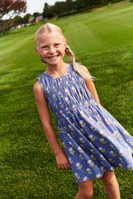 Load image into Gallery viewer, Get your little girl ready for any occasion with the Girls Sleeveless Waverly Dress from Pink Chicken! The elegant blue background and sparkling pinstripe are complemented by delicate pink flowers, making this dress a perfect choice for any event. Its classic sheath top and A-line skirt silhouette will ensure she looks stylish and comfortable.