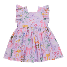 Load image into Gallery viewer, Effortlessly chic and stunning, our Girls Elsie Dress in Lavender Watercolor Bows from Pink Chicken will make your little one stand out in any crowd. The delicate flutter sleeves and charming mix of bows add a touch of elegance to the playful a-line silhouette. Perfect for any occasion, this dress will be a favorite in her wardrobe.