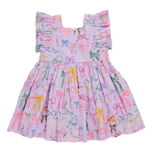 Load image into Gallery viewer, Effortlessly chic and stunning, our Girls Elsie Dress in Lavender Watercolor Bows from Pink Chicken will make your little one stand out in any crowd. The delicate flutter sleeves and charming mix of bows add a touch of elegance to the playful a-line silhouette. Perfect for any occasion, this dress will be a favorite in her wardrobe.