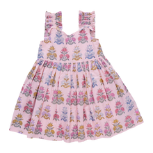 Load image into Gallery viewer, Elevate your little girl's wardrobe with the Girls Via Dress from Pink Chicken! This stylish dress features a charming pink flowerette design and ruffle straps making it perfect for any spring or summer event. Made with high-quality cotton materials, your child will feel comfortable and stylish all day long. Upgrade your tween's fashion game with this must-have dress!