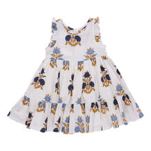 Load image into Gallery viewer, Inspire her inner fashionista with Pink Chicken's Girls Kelsey Dress in White Flowerette! The cream background and blue/gold floral print, along with the detailed ruffle sleeve, create a chic a-line silhouette that will make her stand out. Perfect for any occasion, she'll feel confident and stylish in this dress!