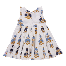 Load image into Gallery viewer, Inspire her inner fashionista with Pink Chicken's Girls Kelsey Dress in White Flowerette! The cream background and blue/gold floral print, along with the detailed ruffle sleeve, create a chic a-line silhouette that will make her stand out. Perfect for any occasion, she'll feel confident and stylish in this dress!