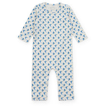 Load image into Gallery viewer, Crafted from ultra-soft Pima cotton, the Thompson Boys' Romper by Lila & Hayes offers gentle comfort for your little one. Featuring a timeless blue and white mallard duck print, this romper makes everyday lounging effortlessly stylish. Its breathable fabric ensures all-day coziness, while the easy-to-wear design keeps dressing simple for busy parents. Elevate your infant’s wardrobe with this charming and practical piece.