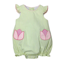 Load image into Gallery viewer, This adorable Sloane Tulip Seersucker Striped Bubble from Zuccini Kids is perfect for your infant & toddler girl. The bubble features lime green stripes and cute pink tulip appliques, adding a touch of whimsy to her wardrobe. Made with soft and lightweight seersucker fabric, it's perfect for warm weather and playtime.