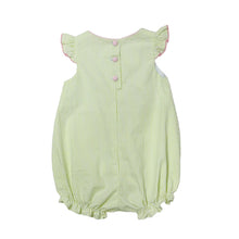 Load image into Gallery viewer, This adorable Sloane Tulip Seersucker Striped Bubble from Zuccini Kids is perfect for your infant & toddler girl. The bubble features lime green stripes and cute pink tulip appliques, adding a touch of whimsy to her wardrobe. Made with soft and lightweight seersucker fabric, it's perfect for warm weather and playtime.