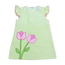 Load image into Gallery viewer, This adorable Sloane Tulip Seersucker Striped Dress from Zuccini Kids is perfect for your toddler girl. The dress features lime green stripes and cute pink tulip appliques, adding a touch of whimsy to her wardrobe. Made with soft and lightweight seersucker fabric, it's perfect for warm weather and playtime.