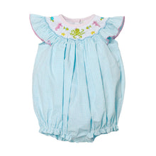 Load image into Gallery viewer, Dive into summer with the Under The Sea Billie Bishop Bubble from Zuccini Kids. This charming bubble features a refreshing teal and white check pattern complemented by an elegant bishop smocked neckline. Adorned with delightful embroidered sea animals, this outfit transforms everyday play into magical underwater adventures. Perfect for beach outings, summer parties, or simply making a splash at daycare!