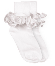 Load image into Gallery viewer, Girl's classic cotton t-shirt ruffle lace turn cuff socks that come in a rainbow of colors that are easily paired with all girl clothes. Pair with Mary Janes for a traditional classic look or wear with tennis shoes for a trendy style. Knit with long staple cotton so they are durable and long lasting. Fold over cuff socks that come in many sizes that fit newborn baby girls, infants, toddlers, little girls, and big girls. Ruffle lace socks are perfect for everyday, dressing up, school, birthday parties, gifts