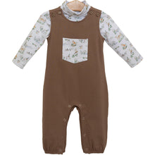 Load image into Gallery viewer, Dress your little one in cozy charm with the Woodland Friends Longall Set from Trotter Street Kids. This adorable set includes a soft brown longall featuring a playful printed front pocket, paired with a matching turtleneck adorned with delightful woodland creatures like ducks and deer. Perfect for infant boys, it combines comfort and cuteness, making it an ideal choice for everyday wear or special outings.