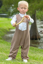 Load image into Gallery viewer, Dress your little one in cozy charm with the Woodland Friends Longall Set from Trotter Street Kids. This adorable set includes a soft brown longall featuring a playful printed front pocket, paired with a matching turtleneck adorned with delightful woodland creatures like ducks and deer. Perfect for infant boys, it combines comfort and cuteness, making it an ideal choice for everyday wear or special outings.