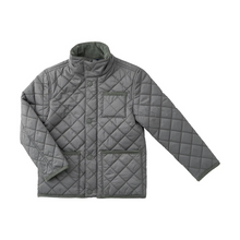 Load image into Gallery viewer, For the kid who loves wide-open spaces and muddy adventures, the Kids Quilted Barn Jacket in Fly Fishing Green is a countryside classic reimagined for modern explorers. Designed with a tailored fit, diamond-quilted finish, and rugged detailing, this jacket brings cozy warmth and timeless style from pumpkin patch to pasture.