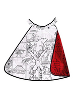 Load image into Gallery viewer, Every hero needs a cape! The Colour-A-Cape Spider Superhero is the perfect addition to your crime-fighter's wardrobe. Save the day or defeat monsters in the backyard with personalized style and flair! Includes 6 markers. This cape is also reversible with a red spider printed satin on the other side.