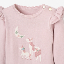 Load image into Gallery viewer, The Violet Unicorn Knit Jumpsuit Romper from Elegant Baby is the perfect outfit for your little one this fall. Made of soft knit material, it features a cute unicorn detail and ruffles, providing both comfort and style. Dress your infant in this cozy and elegant romper for any occasion. 