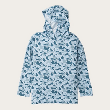 Load image into Gallery viewer, PRODOH Boys' Pro Performance Hoodie T-shirt in Coastal Blues Camo with Rainbow Trout Art is a long-sleeve, hooded performance fishing hoodie made with a lightweight, moisture-wicking synthetic blend designed for sun protection and breathability. Shirts have a relaxed fit with a straight hem and long sleeves, suitable for layering or wearing alone in warm conditions. UPF 50+ sun protection (yes please!) 90% Polyester 10% Lycra.