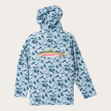 Load image into Gallery viewer, PRODOH Boys' Pro Performance Hoodie T-shirt in Coastal Blues Camo with Rainbow Trout Art is a long-sleeve, hooded performance fishing hoodie made with a lightweight, moisture-wicking synthetic blend designed for sun protection and breathability. Shirts have a relaxed fit with a straight hem and long sleeves, suitable for layering or wearing alone in warm conditions. UPF 50+ sun protection (yes please!) 90% Polyester 10% Lycra.