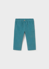Load image into Gallery viewer, Soft corduroy infant pants in a rich teal tone, crafted with a cozy striped jersey lining for all-day comfort. The fabric make these an everyday essential that pairs beautifully with the Mayoral Bear Sweater for a coordinated look. Perfect for layering through seasons, these pants bring texture and warmth to your little one's wardrobe.