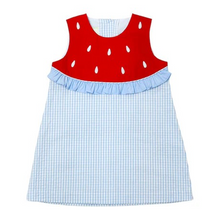 Load image into Gallery viewer, This irresistible Toddler Girl's Hayden Watermelon Dress from Zuccini Kids showcases a classic blue and white check pattern, beautifully complemented by a charming watermelon embroidered and detailed with a ruffle. Perfect for summer outings, family photos, or special occasions, this adorable dress will keep your little one looking stylish while staying comfortable in the warm weather. Don't miss the chance to dress your little one in this season's most delightful summer essential! Sibling matches available