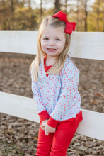 Load image into Gallery viewer, The Girls Sidney Sweatshirt in Full Bloom combines classic comfort with vibrant style. Its light fabric ensures a cozy fit, while the playful blue and red floral print adds a fresh, cheerful touch. Accented with a striking red collar and details, this sweatshirt brightens any outfit. For a coordinated look that’s perfect for play or casual days, pair it with the Full Bloom Red Scallop Leggings. Elevate your little girl's wardrobe with this charming and versatile set today.