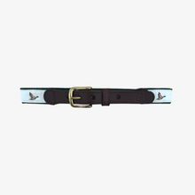 Load image into Gallery viewer, Elevate your little one’s style with the Boys In-Flight Mallard Belt from Velvet Fawn. Featuring charming flying mallard ducks on an off-white background, this belt blends classic design with a touch of the outdoors. The green knit backing ensures durability and comfort, while the brown leather and gold closure add a refined finish. Perfect for boys who love adventure and timeless fashion, this belt is a versatile accessory that completes any outfit with effortless charm.