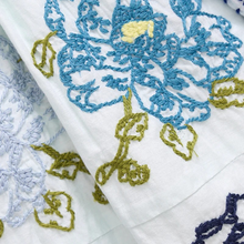 Load image into Gallery viewer, Nice Threads! A patchwork of richly hued blue blossoms are embroidered onto a pure white ground on our Girls Brooke Dress in Blue Quilt Flower Embroidery. Classic design elements include a rounded neck, a three tiered full skirt, ruffle detail at the sleeve and our signature glitter buttons at the back. 