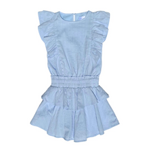 Load image into Gallery viewer, Indulge your tween's fashion sense with the Gigi Dress in Blueberry! This stunning dress features a charming ruffle detail along the shoulders and front, as well as a cinched waist and ruffle skirt for a figure-flattering fit. Perfect for transitioning from Spring to Summer, your fashion-forward tween will love this dress!