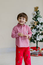 Load image into Gallery viewer, Celebrate the season in style with the Boy's Christmas Tree Alton Gingham Shirt from Zuccini Kids. This charming red and white gingham button up shirt t is adorned with a festive Christmas Tree embroidered detail. This shirt is the perfect holiday outfit for your son to shine and coordinate perfectly with sibling looks. Pair with the Christmas Tree Red Corduroy Pants.