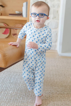 Load image into Gallery viewer, Crafted from ultra-soft Pima cotton, the Thompson Boys' Romper by Lila & Hayes offers gentle comfort for your little one. Featuring a timeless blue and white mallard duck print, this romper makes everyday lounging effortlessly stylish. Its breathable fabric ensures all-day coziness, while the easy-to-wear design keeps dressing simple for busy parents. Elevate your infant’s wardrobe with this charming and practical piece.