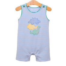 Load image into Gallery viewer, Introduce your little one to the adorable world of dinosaurs with our Infant Boys Striped Dinosaur Jon Jon! Made from soft knit fabric, this Jon Jon features charming dinosaur appliques that will surely capture your child's imagination. Perfect for playtime, parties, or everyday wear. Give your child a fun and comfortable outfit with this Jon Jon from Trotter Street Kids.