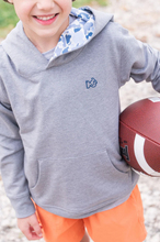 Load image into Gallery viewer, Our Boys Spinnerbait Sweatshirt in Night Owl Heather Gray with Blue Camo Liner and PRODOH Logo is Game-day ready and mom approved! The Heather Gray Hoodie is a sporty staple with a bold blue camo-lined hood and custom PRODOH back graphic. It's the one he'll grab after practice, for weekend hikes, or just chillin' with friends.