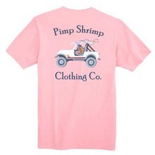 Load image into Gallery viewer, Get ready for your next adventure with our Youth Pink Off-Road Short Sleeve Pocket T-Shirt! This girls shirt from Pimp Shrimp Clothing Co. is the perfect blend of style and functionality. Featuring a convenient front pocket with our logo and a cool back design of an off roading shrimp, this shirt is perfect for any adventure.