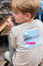 Load image into Gallery viewer, Let your boys embrace the great outdoors in style with this Boys Long Sleeve Cotton T-shirt - Canoe Retriever featuring a canoe scene under a starry sky-a nod to classic outdoor family traditions. This comfortable boys' tee is perfect for everyday play, cool weather adventures, or cozy weekend lounging. This adventure inspired t-shirt is perfect for camp, school, and outdoor play.