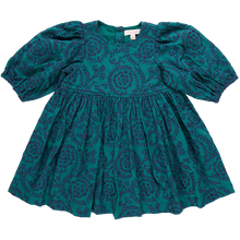 Load image into Gallery viewer, Collection Classic! Whether covered in a field of Fall flowers or a swirling embroidered floral, our classically tailored Girls Brooke Dress is ready for anything and everything this season. Signature details include a rounded neck, twirl worthy full skirt, gathered puff sleeve and glitter buttons at the back. Available in this Fall's fabulous patterns, Evergreen with Navy Embroidery, Inca Gold with White Embroidery and our shimmery Autumn Flowers.