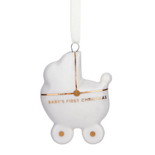 Load image into Gallery viewer, Celebrate your little buddle of joy's first Christmas with this charming ceramic baby carriage ornament. A sweet keepsake for new parents, it comes nestled in a wooden box
Features gold metallic accents
Includes ribbon for easy hanging
Packaged in a wooden box for simple gifting and storage
Personalize the box with baby's name and birth year