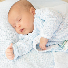 Load image into Gallery viewer, Dress your little one in cozy style with the Infant Boys Knit Pinstripe Romper from Paty. Crafted from the softest knit fabric, this romper ensures all-day comfort while its timeless pinstripe design adds a touch of classic charm. Perfect for keeping baby snug and stylish, it’s an essential piece every parent will love.