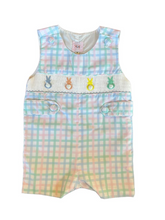 Load image into Gallery viewer, The Peeps Bishop Jon Jon from Shop Teeta is the perfect choice for your little boy this spring and Easter Sunday. Made from soft, pastel plaid fabric, it features an adorable peeps smocked design with cotton tails. Make your toddler the cutest one this Easter or at any family gathering with this charming Jon Jon.