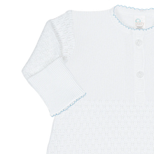 Load image into Gallery viewer, Celebrate your newborn’s arrival with the Infant Knit Placket Gown by Paty. Crafted from a soft 50/50 knit blend in classic white, this gown features delicate light blue or pink picot trim and signature Paty buttons for a charming finish. Available in Newborn and Preemie sizes, it offers a cozy, gentle fit that keeps your baby comfortable while looking adorable. Perfect for those first precious moments.