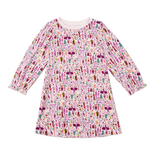 Load image into Gallery viewer, Explore our Nutcracker Christmas print dress and transport to a world of Yuletide fantasy filled with sugar plum ferries, battling mice, Mother Ginger, Uncle Drosselmeyer, Claira and her Nutcracker Prince! This print will bring nostalgic memories of Christmases past and inspire bedtime stories and sweet dreams of sugar plums and Christmas tidings all season long.