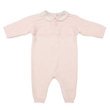 Load image into Gallery viewer, Girls Cable Knit Longall Pink- A precious outfit for your precious baby. It features raglan sleeves in a cable knit design, and ribbed cuffs along the sleeves and legs. Check out the sweet little peter pan collar, with darling hand made bullions lining the edges. Opens with snaps along the crotch for convenient changing. This knit longall is sure to become a family favorite!