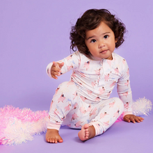Load image into Gallery viewer, The Pretty Plies Pajama Set from Magnetic Me combines charming ballerina-themed design with effortless comfort. Featuring a magnetic front top detailed with delicate ruffles and coordinating pants, this set is crafted from soft, stretchy modal fabric that moves with your child. Perfect for bedtime or lounging, these pajamas offer cozy wear and easy dressing, making nighttime routines smooth and enjoyable. Embrace comfort and style in one delightful set.