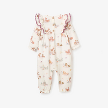 Load image into Gallery viewer, Wrap your little one in whimsical woodland charm with the Infant Girl's Organic Muslin Forest Family Printed Ruffle Jumpsuit. Featuring sweet woodland characters and delicate ruffle details, this soft, breathable jumpsuit is perfect for cozy playtime and outings. Ideal for adding a touch of nature-inspired magic to your baby's wardrobe.