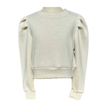 Load image into Gallery viewer, The Peyton Sweater in Snowflake Sparkle is a charming puff-sleeve sweatshirt designed for tweens, featuring a soft glittery thread that adds a subtle shine. Its cozy yet stylish design makes it perfect for pairing with a tiered skirt or the matching Libba Sweater Skirt, creating a dazzling outfit that’s both comfortable and eye-catching.