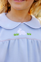 Load image into Gallery viewer, The Holly Day Dress in Beale Street Blue with Bunny Applique is an Easter essential that brings sweetness and festivity to any spring wardrobe. This adorable dress features a precious bunny detail and soft fabric that's perfect for celebrations, family gatherings, and sunny day play. A versatile favorite that's as comfortable as it is absolutely cute!