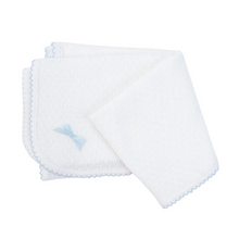 Load image into Gallery viewer, Wrap your little one in the soft embrace of the Knit Receiving Blanket with Bow from Paty. Featuring charming blue or pink trim accented by coordinating bows, this beloved knit blanket blends comfort with classic style. Perfect as a thoughtful gift for any new arrival, it offers gentle warmth and a touch of elegance that parents will appreciate. Make every cuddle special with this timeless essential.