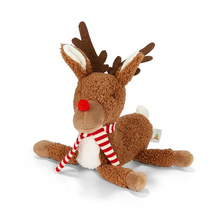 Load image into Gallery viewer, Rudie the Reindeer, the festive stuffed animal plush pal! With warm textured frown fur, soft white belly, and adorable red nose, Rudie is ready to light up your holiday season. Adorned with a charming red and white striped scarf and cute antlers, this delightful reindeer is perfect for snuggling and spreading holiday cheer! Embrace the festive fun with Rudie and let your celebrations be filled with cuddles and cheer!