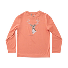 Load image into Gallery viewer, Let your little adventurer embrace the great outdoors in style with our Kid's Pro Performance Long Sleeve T-shirt in Soft Orange with Deer Head and Antlers. Hand painted deer graphic with antlers and the phrase "An Outdoor Tradition", this shirt honors the spirit of nature while keeping kids cool and protected from the sun. Great for family hikes, school field trips, and weekends at the lake!