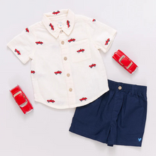 Load image into Gallery viewer, This soft muslin Vintage Car Embroidered Shirt from Blue Rooster is a must-have for boys who love classic cars. The button up design and classic collar add a touch of sophistication, while the embroidered cars bring a fun and unique element to this shirt. Perfect for any young car enthusiast! Pair with our Boys Jackson Short for a versatile look that works for school days, neighborhood games and a family outings alike. 